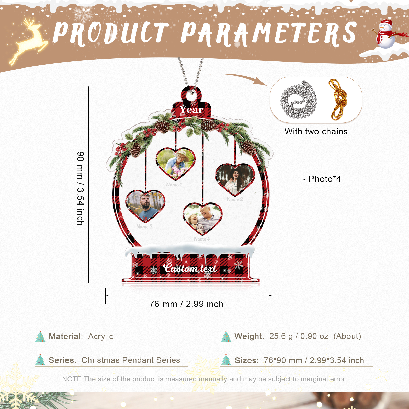 Navidad-Ornamento navideño de acrílico bola de cristal con 4 nombres, 4 fotos y 1 texto personalizados-Jessemade ES
