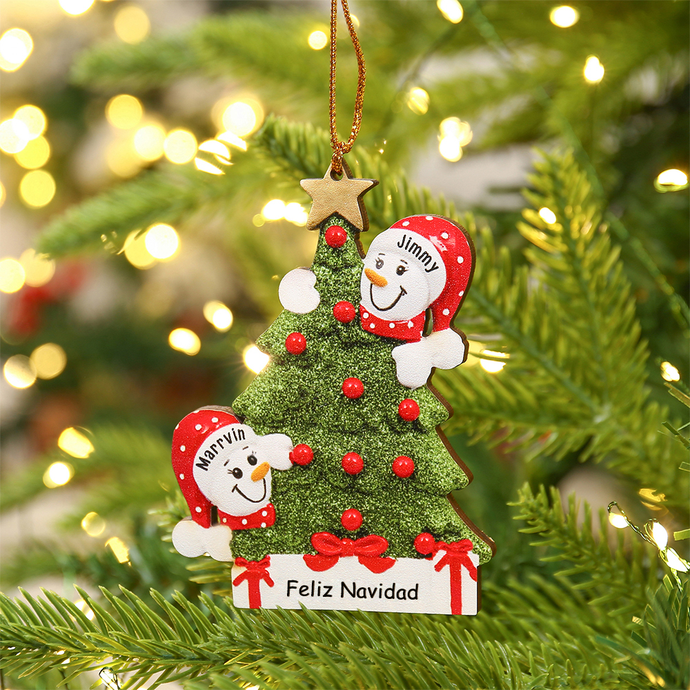 Navidad-Ornamentos Navideños de Madera Árbol y muñecos de nieve 2 Nombres con Texto Personalizados