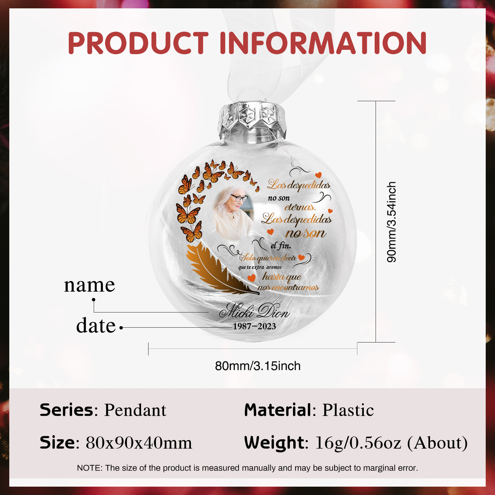 Bola navideña conmemorativa Adorno de Navidad 1 nombre, 1 foto y años personalizados con pluma -Jessemade ES