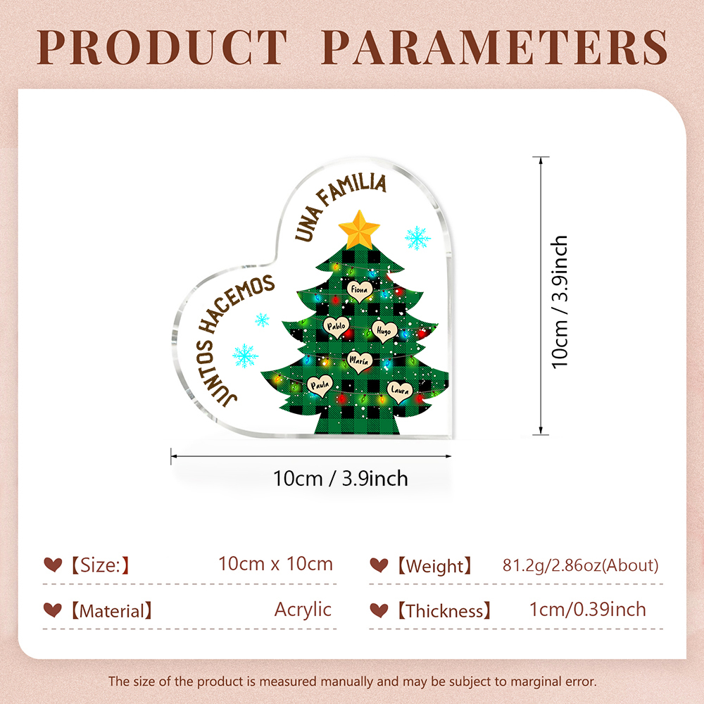 Navidad - Placa de acrílico en forma de corazón árbol con luces con 6 nombres personalizados-Jessemade ES