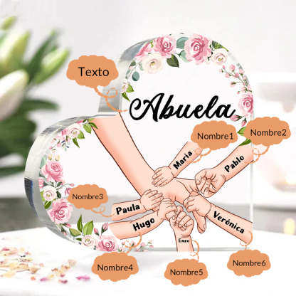 A mi mamá/abuela-Placa de acrílico en forma de corazón mano a mano con 1 texto y 6 nombres personalizados | Jessemade