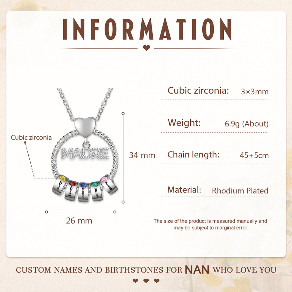 Navidad-Collar con colgante de "MADRE" con 5 nombres y 5 piedras de nacimiento personalizados | Jessemade
