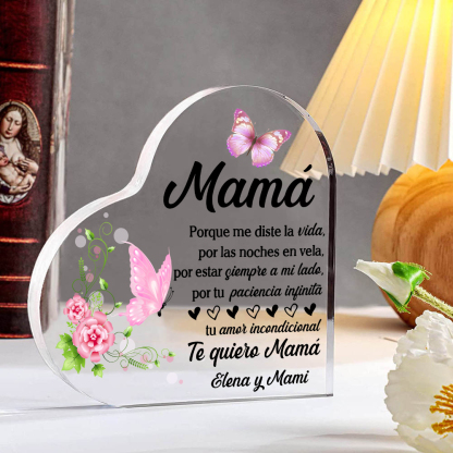 A mi mamá-Placa de acrílico en forma de corazón mariposas y frases amorosos 1 texto personalizado-Jessemade ES