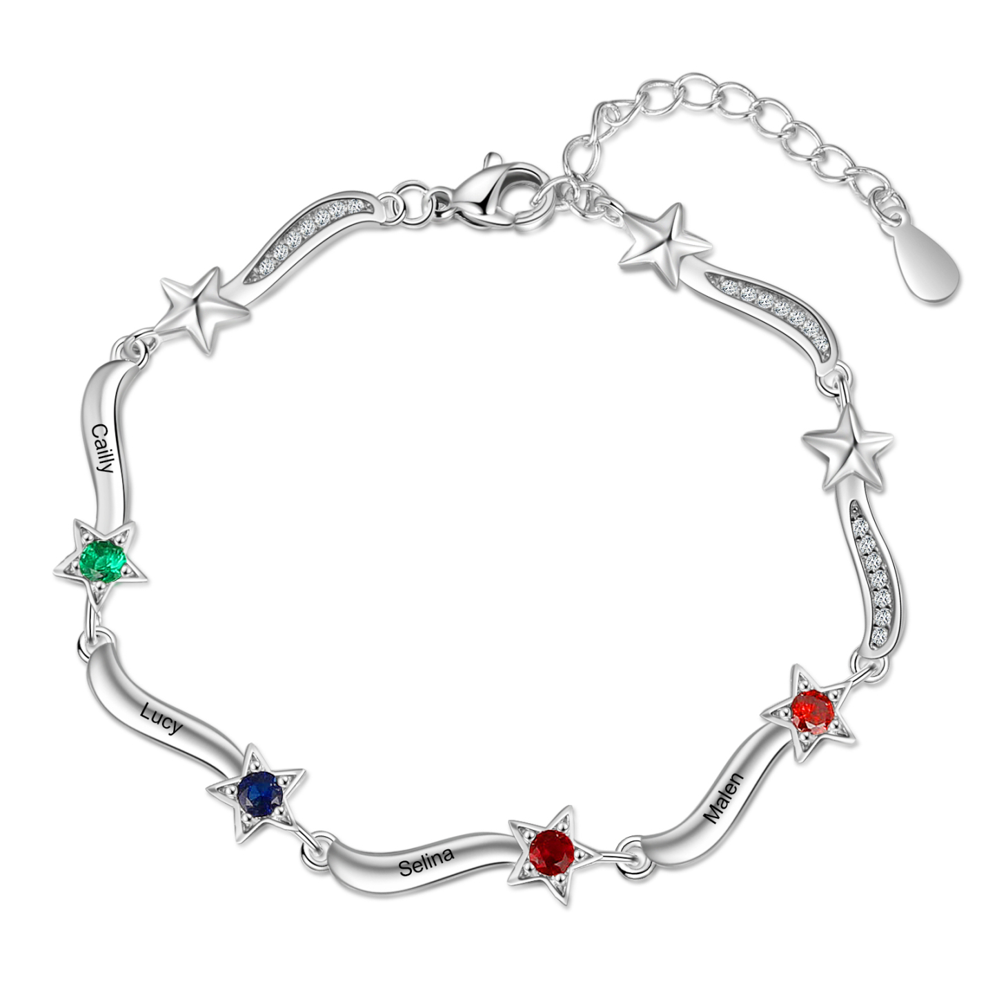 Pulsera Brazalete personalizada de 4 nombres y estrellas con 4 piedras de nacimiento-Jessemade ES
