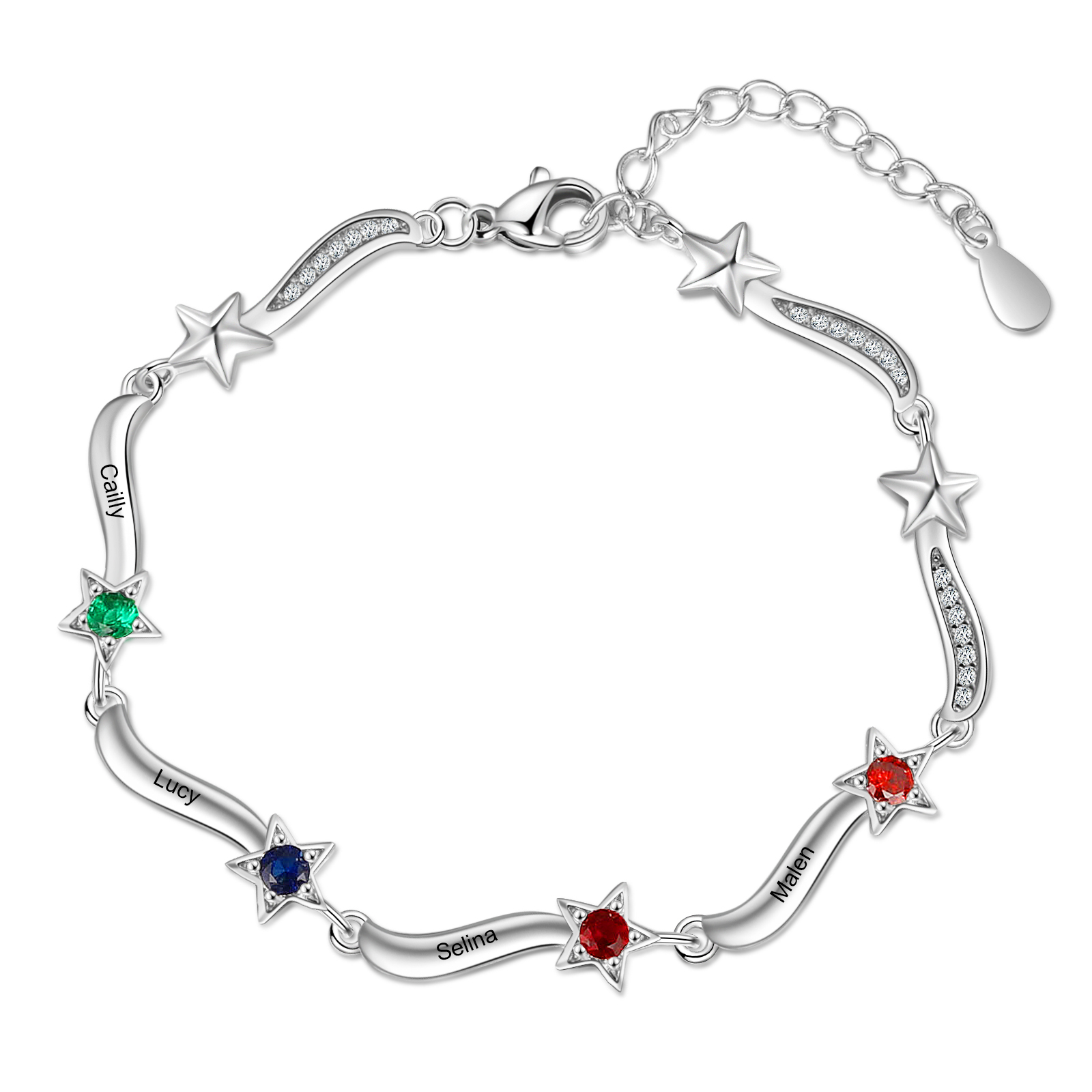 Pulsera Brazalete personalizada de 4 nombres y estrellas con 4 piedras de nacimiento-Jessemade ES