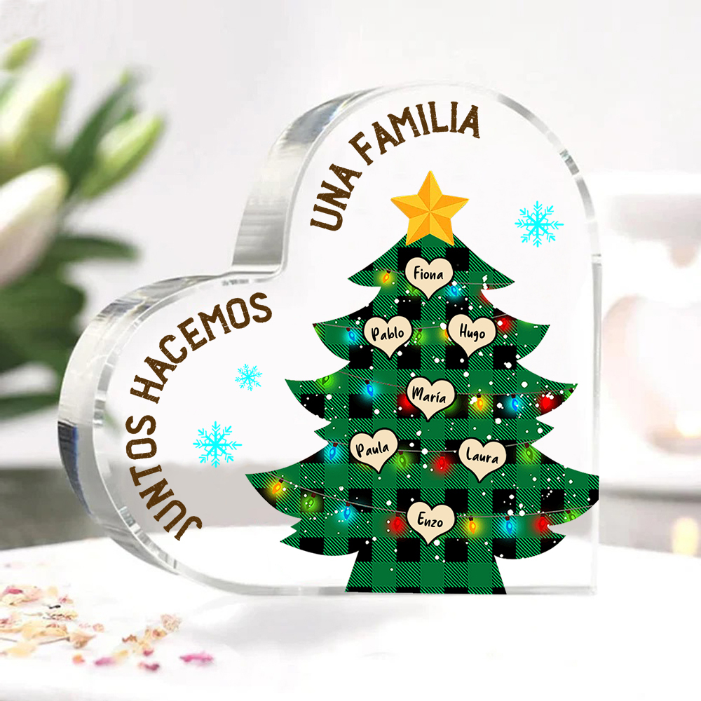 Navidad - Placa de acrílico en forma de corazón árbol con luces con 7 nombres personalizados-Jessemade ES