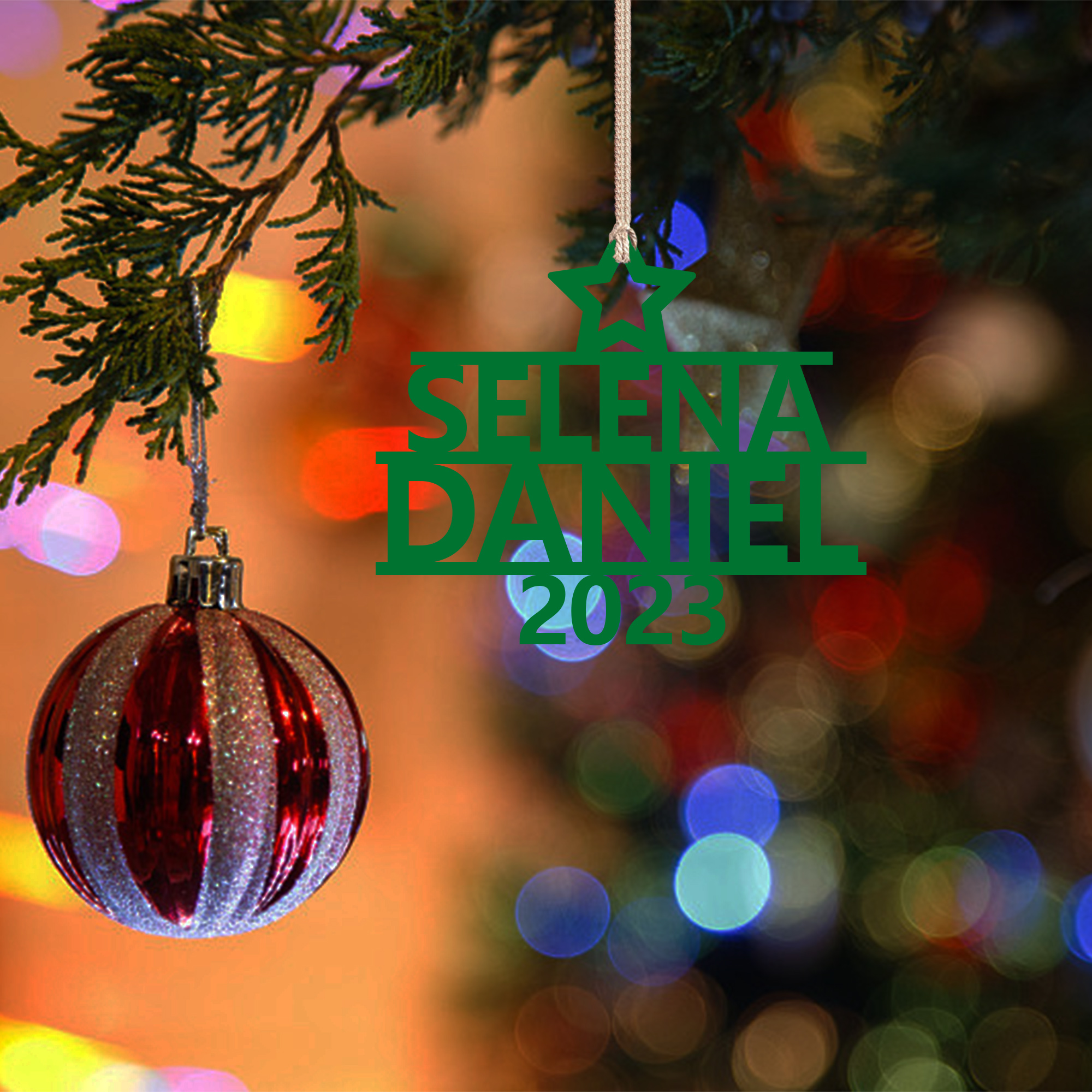 Navidad-Ornamento navideño de madera árbol de nombres con 2 nombres y año personalizados