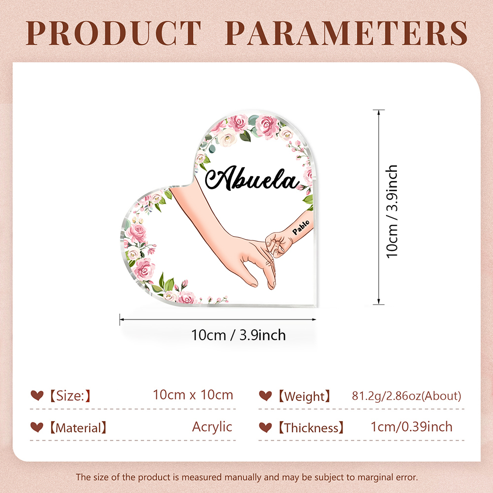 A mi mamá/abuela-Placa de acrílico en forma de corazón mano a mano con 1 texto y 1 nombre personalizado | Jessemade