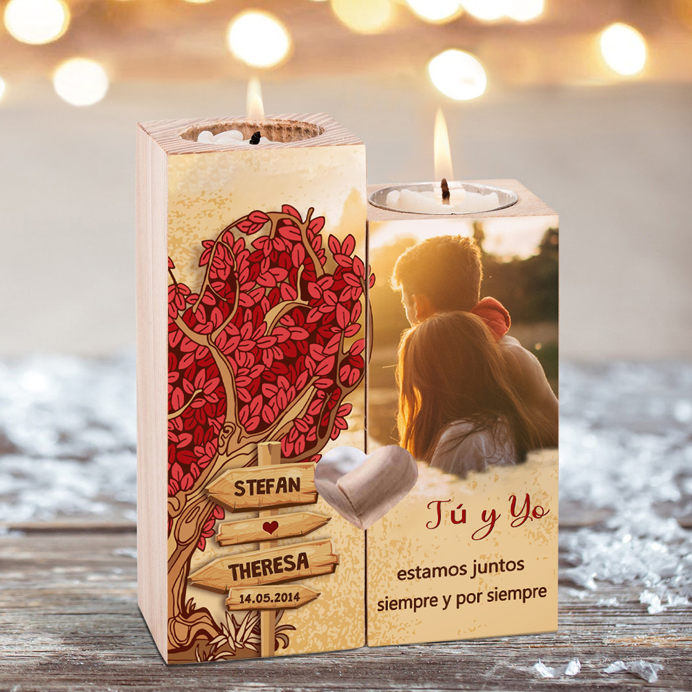Candelero para pareja de madera de dos piezas sin candela con 2 nombres, fecha y foto personalizados-Jessemade ES