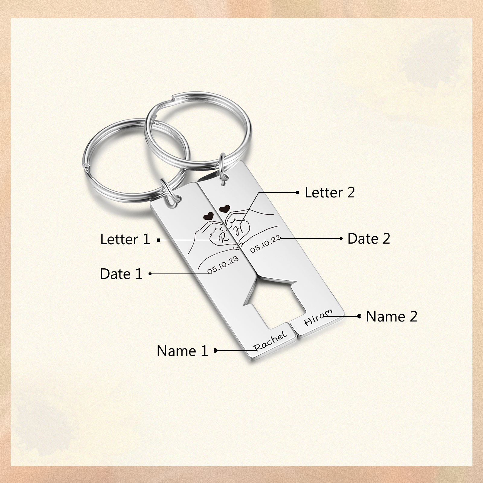 A mi querido-Llavero con casa encajada para pareja posando corazón con manos 2 nombres, 2 letras personalizadas con fecha-Jessemade ES