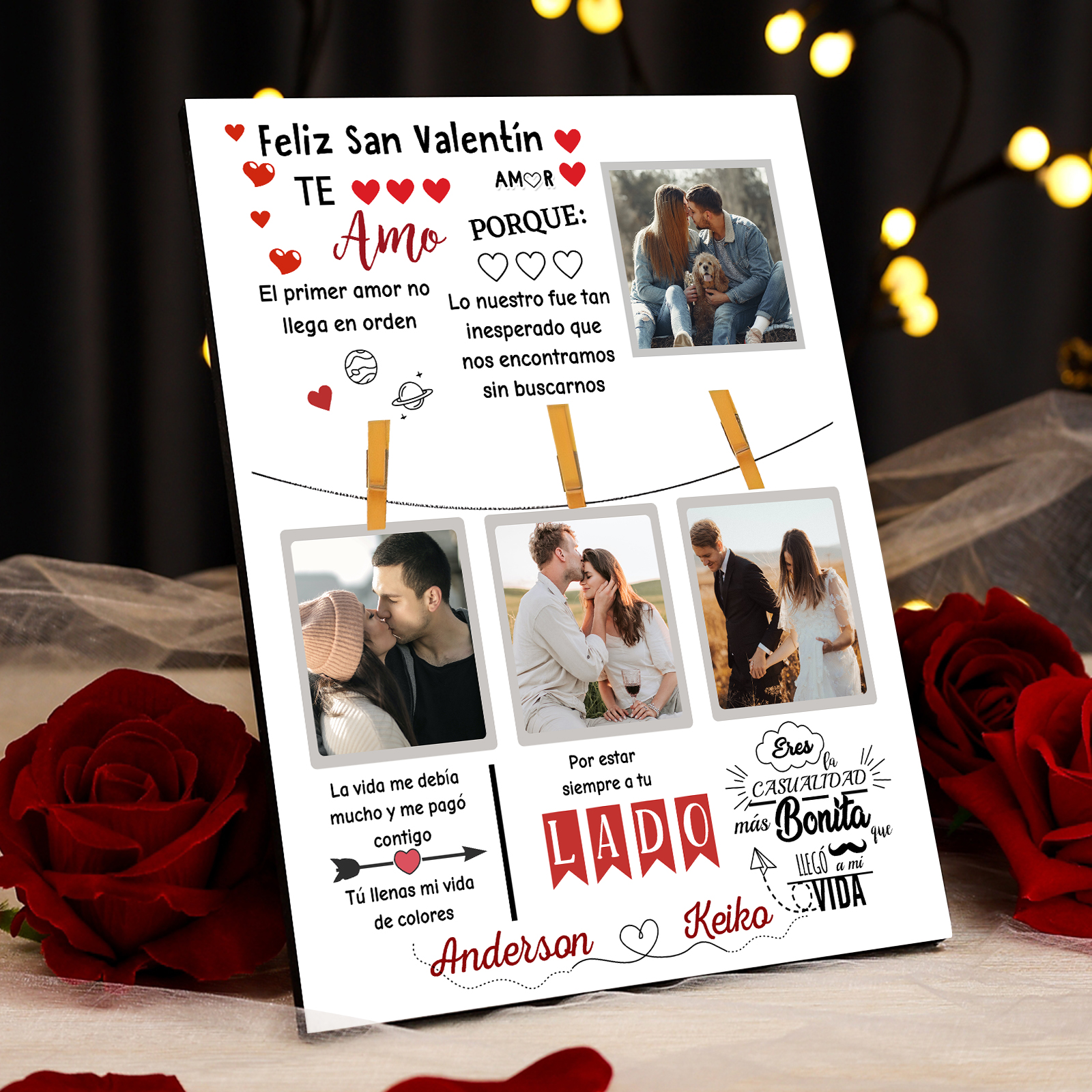 San Valentín-Lámina marco de madera para pareja personalizado con 2 nombres y 4 fotos-Jessemade ES