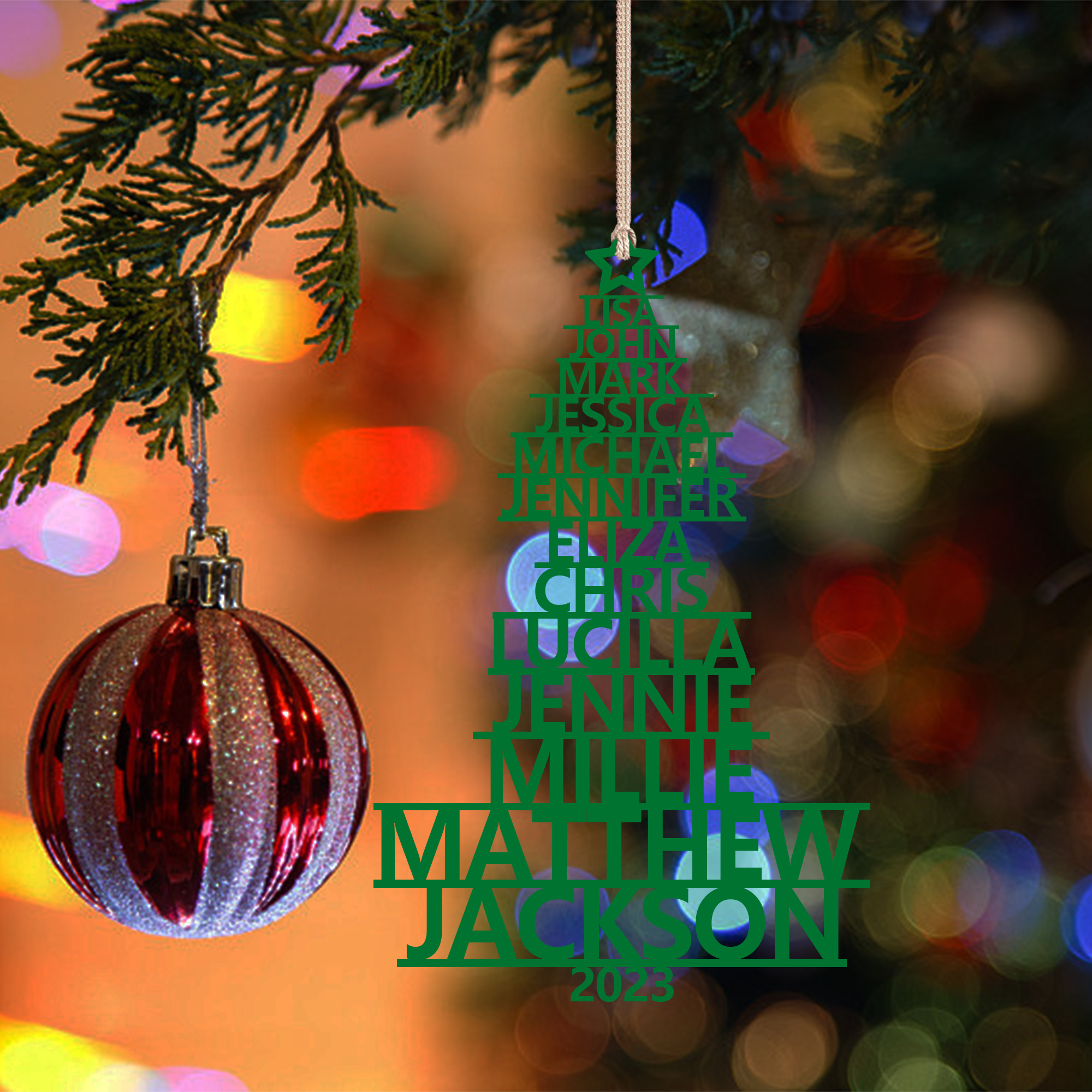 Navidad-Ornamento navideño de madera árbol de nombres con 13 nombres y año personalizados