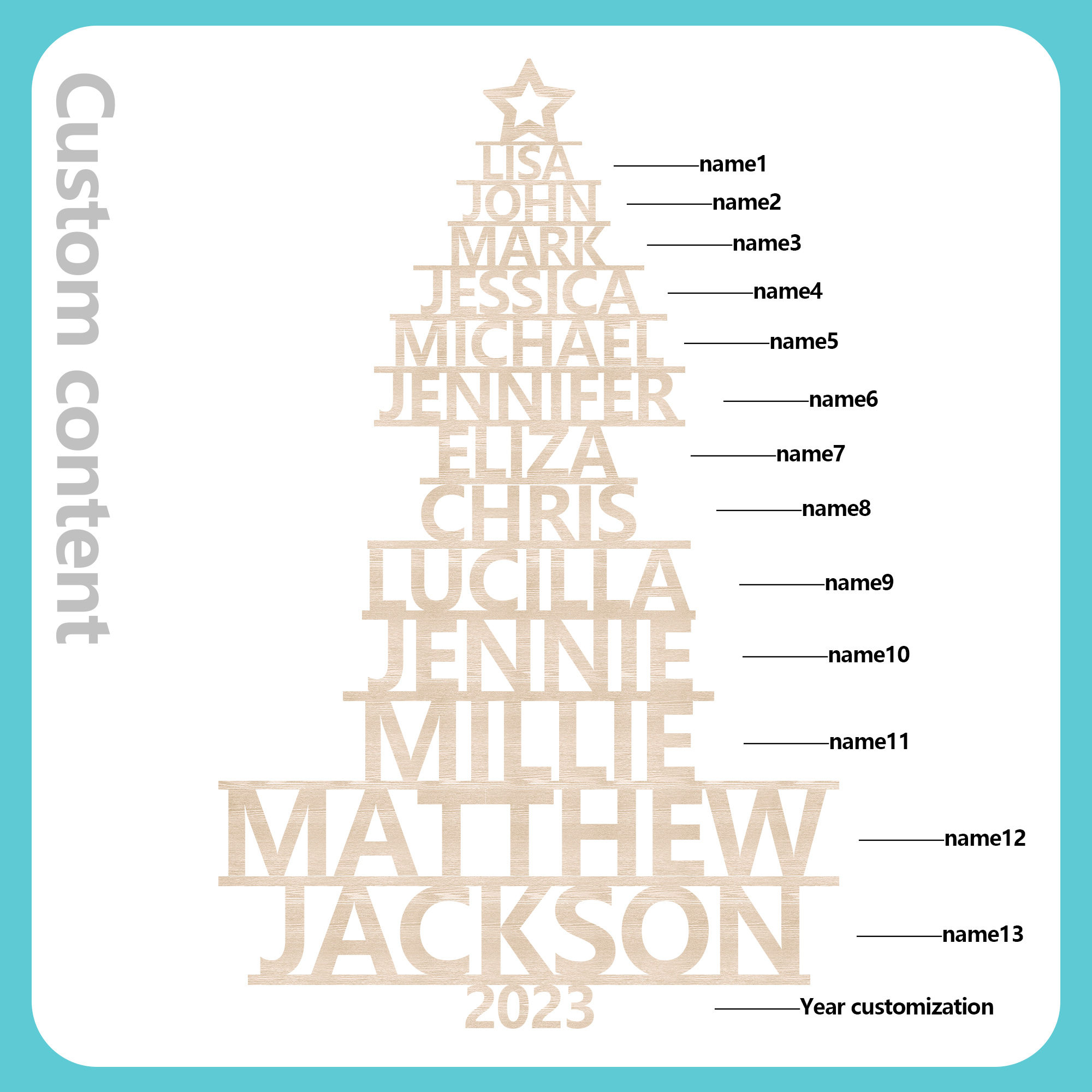 Navidad-Ornamento navideño de madera árbol de nombres con 13 nombres y año personalizados