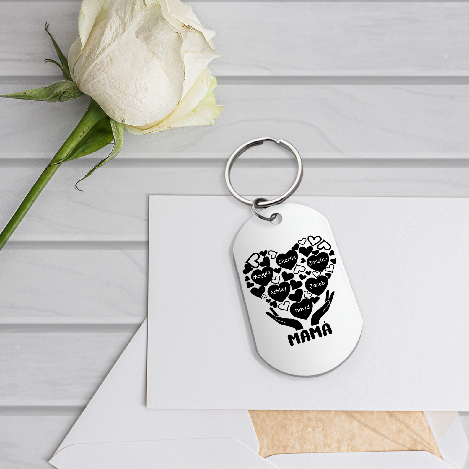 A mi mamá/abuela-Llavero 1-7 Nombres Personalizados con Texto CORAZONES Y MANOS