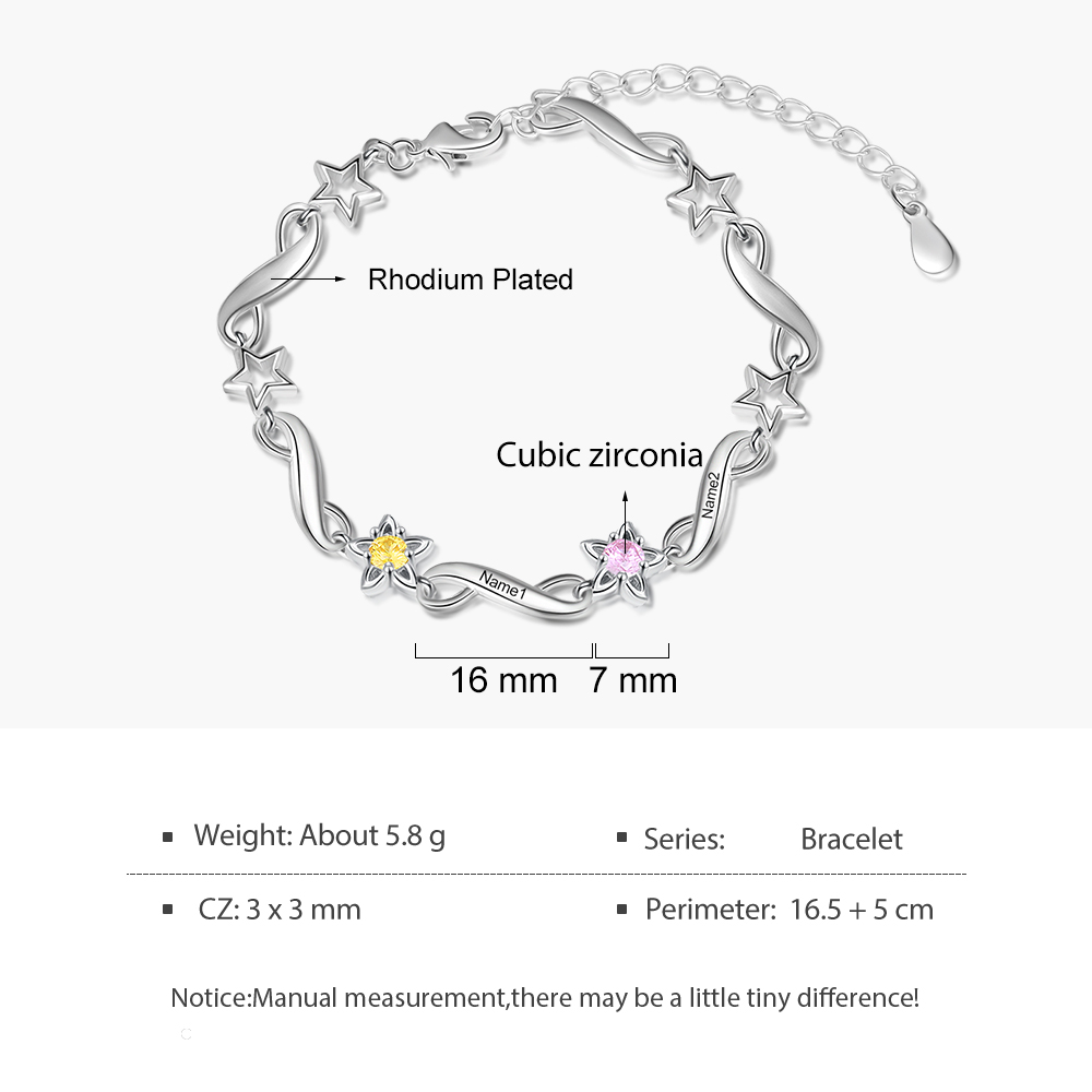 Pulsera para mujer de estrella e infinito personalizada con 2-7 nombres y piedras de nacimiento
