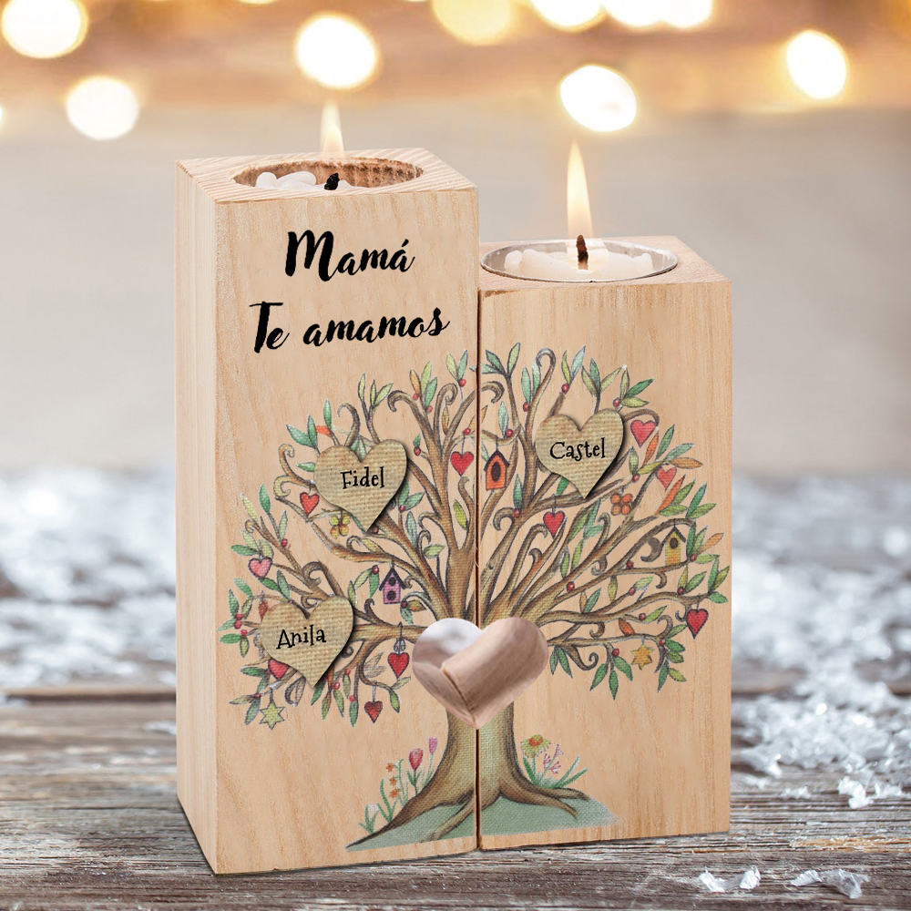 A la familia-Candelero de árbol de la vida de madera personalizado con 3-8 nombres y 1 texto sin vela-Jessemade ES
