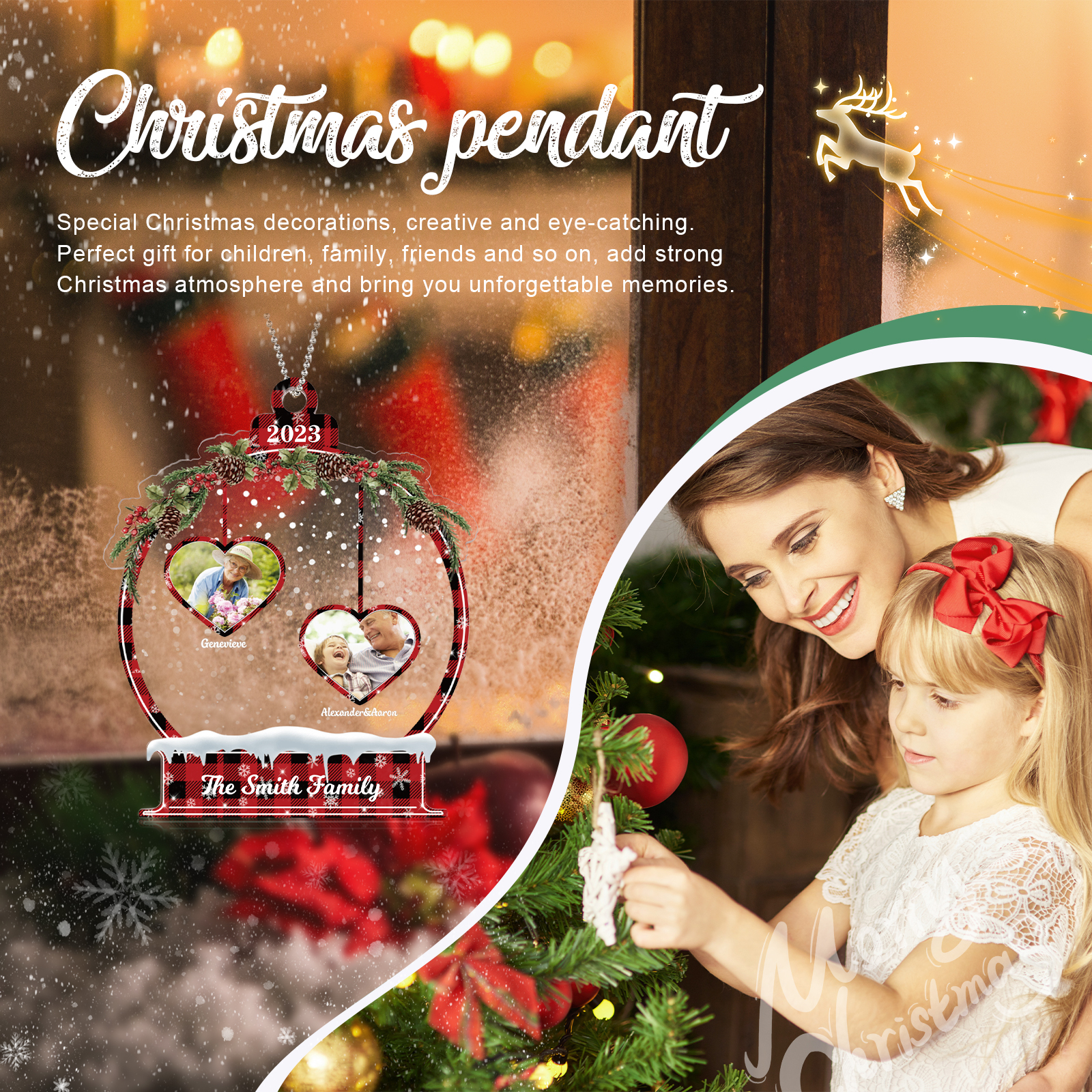 Navidad-Ornamento navideño de acrílico bola de cristal con 2 nombres, 2 fotos y 1 texto personalizados-Jessemade ES
