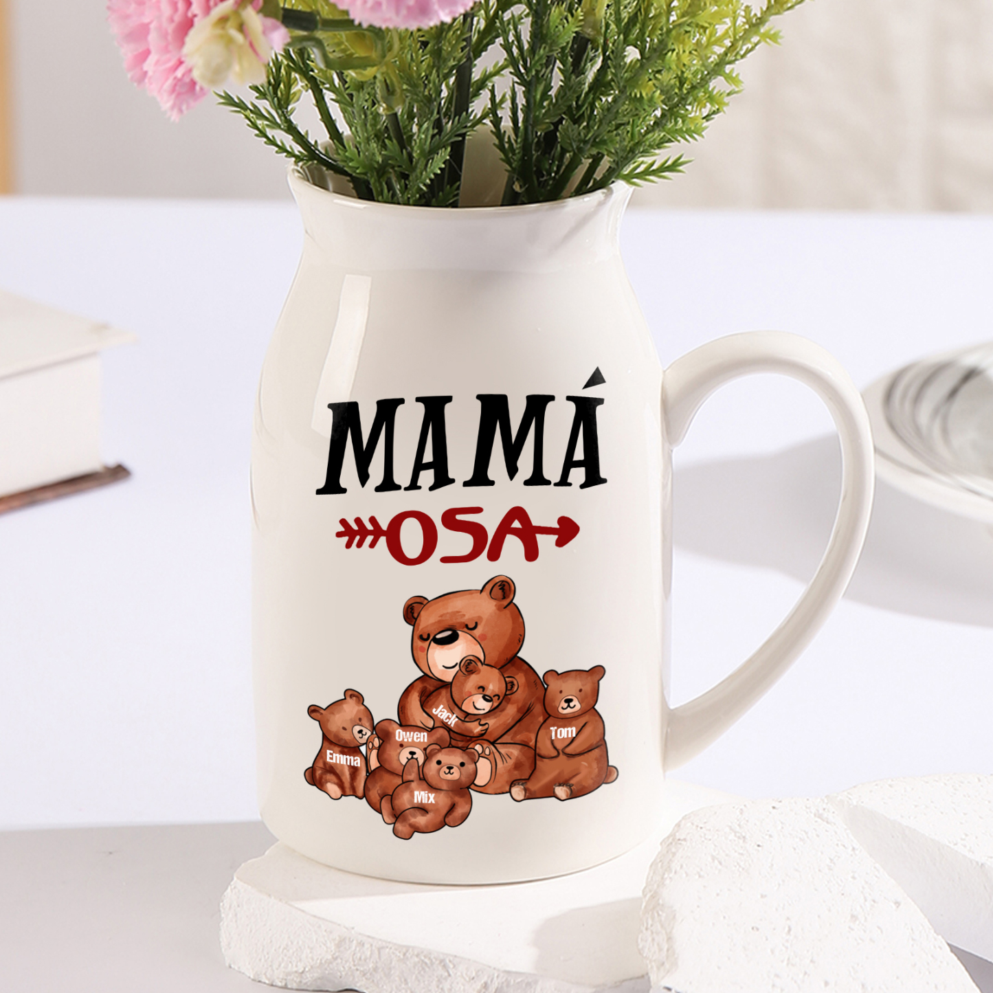 Florero de cerámica mamaosa y sus bebés 2-8 nombres personalizados con texto decoración del hogar-Jessemade ES