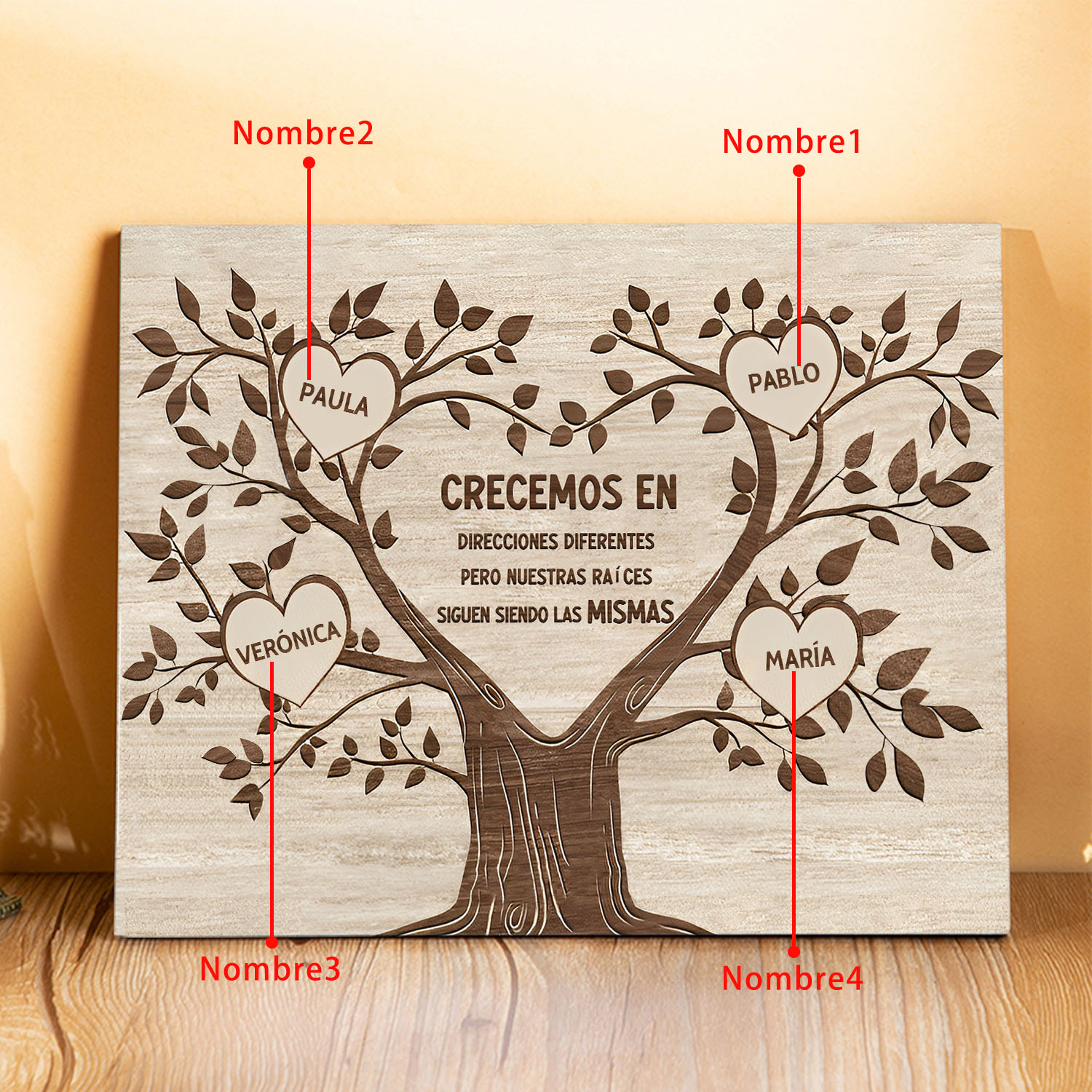 A mi familia-Lámina marco de madera Árbol de la Vida 4 nombres personalizados-Jessemade ES