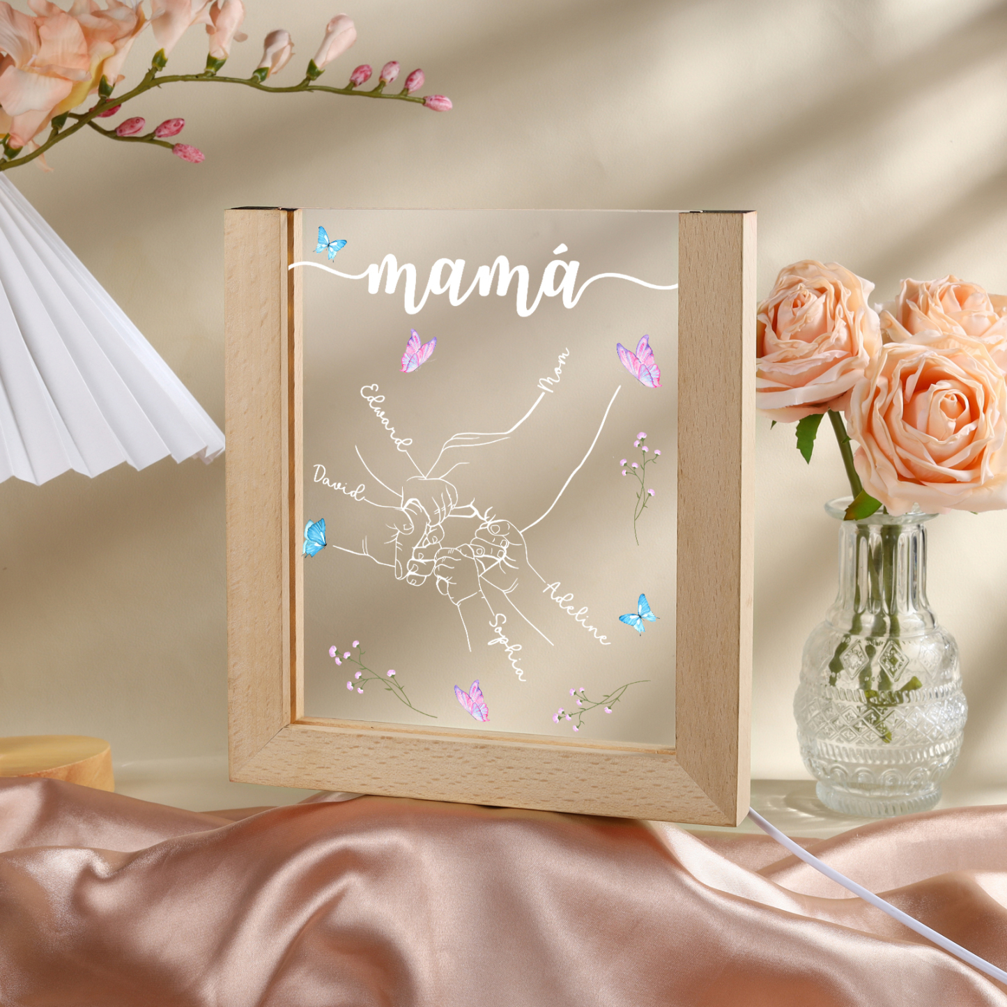 A mi mamá/abuela-Lámpara Personalizada con 2-6 Nombres y Texto "mano y manitas" 3D Ilusión Luz de Noche-Jessemade ES