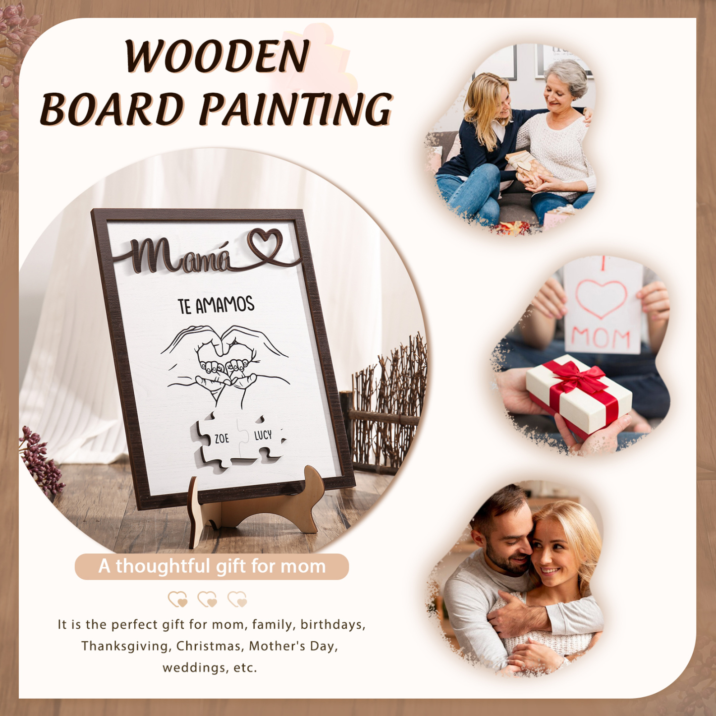A mi mamá-Adorno 2-6 nombres y 1 texto personalizados decoración de madera rompecabezas-Jessemade ES