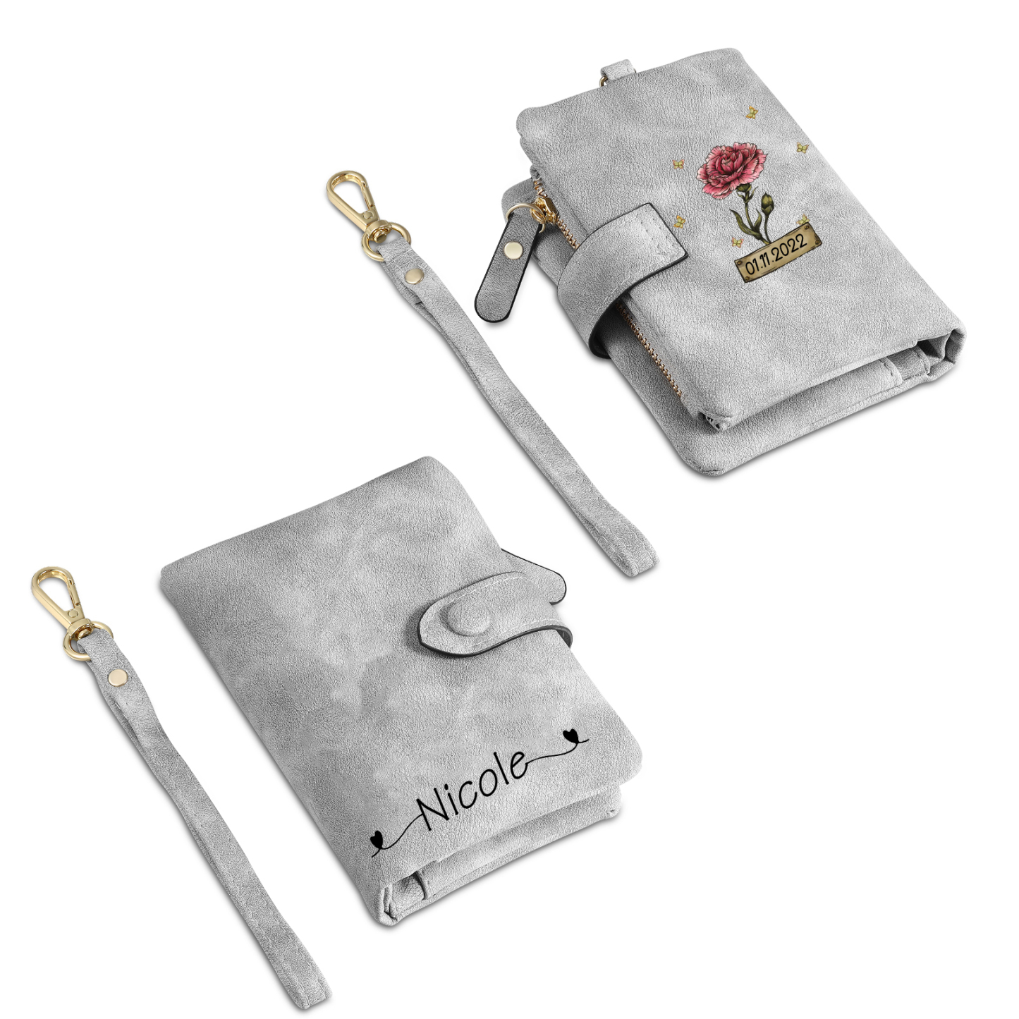 Cartera, billetera con 1 nombre, 1 fecha y 1 flor de nacimiento personalizados monedero clásico para mujer