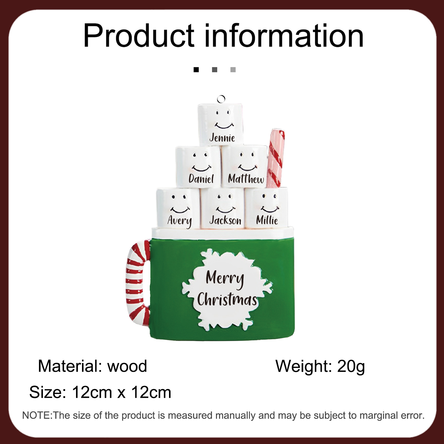 Navidad-Ornamento muñecos navideño de madera taza 6 nombres y 1 texto personalizados adorno del árbol-Jessemade ES