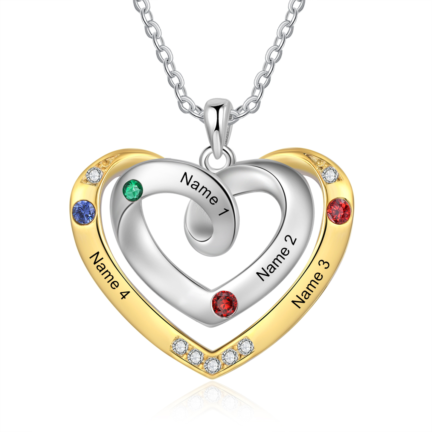 Collar de corazón con 4 nombres y piedras de nacimiento personalizados-Jessemade ES