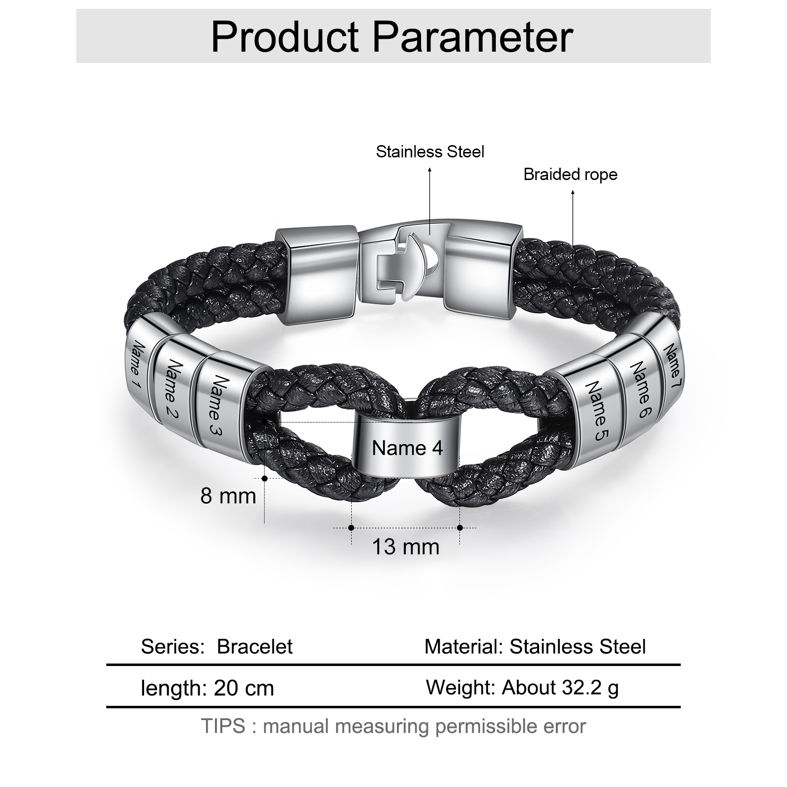 Pulsera 1-7 Nombres Personalizados de Cuero Trenzado con Aros-Jessemade ES