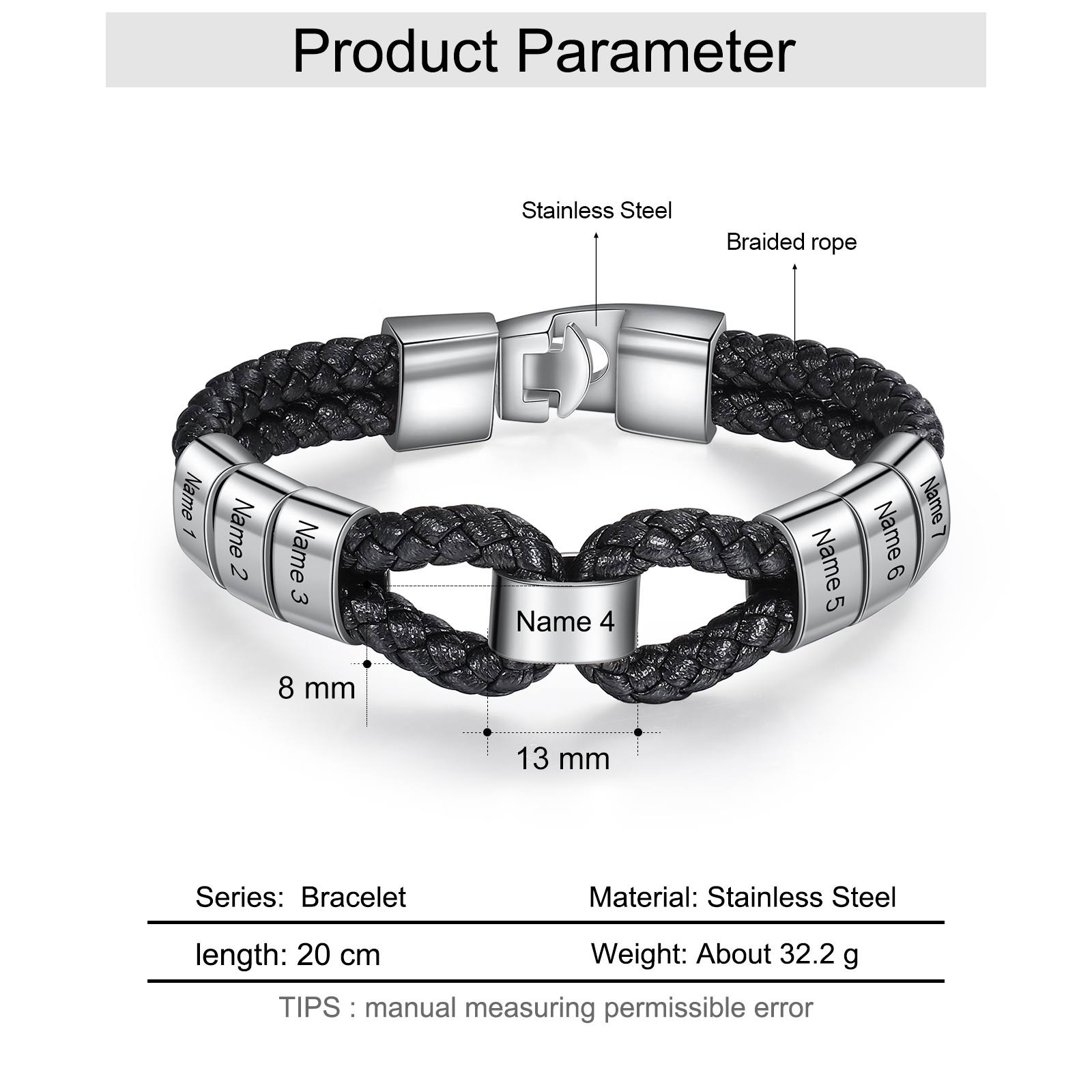 Pulsera 1-7 Nombres Personalizados de Cuero Trenzado con Aros-Jessemade ES