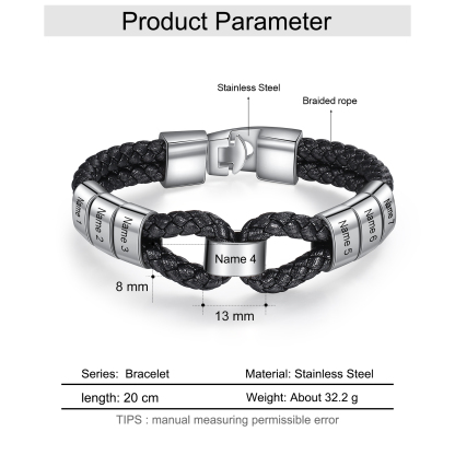 Pulsera 1-7 Nombres Personalizados de Cuero Trenzado con Aros-Jessemade ES
