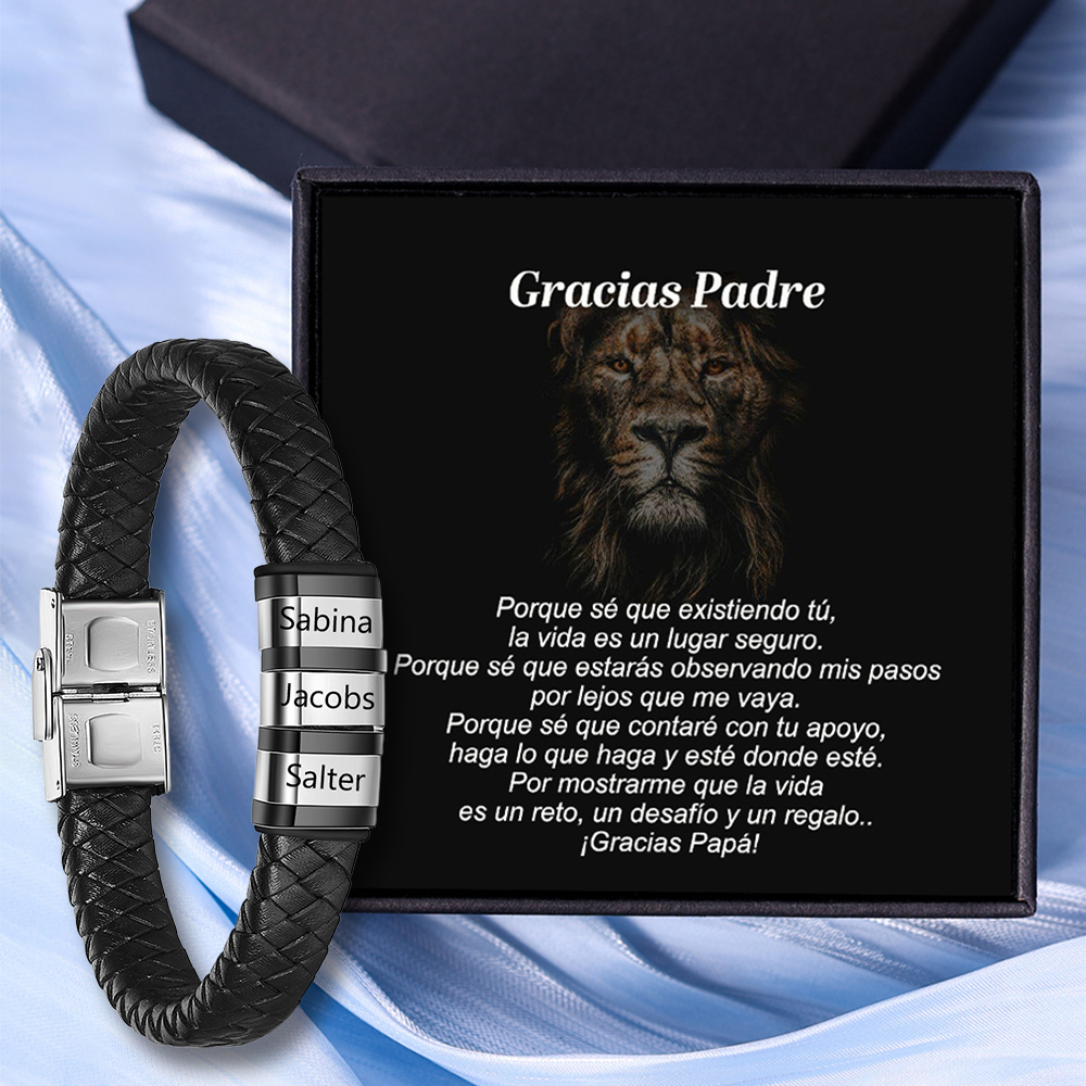 A MI PAPÁ-Pulsera de cuero trenzado de hombre con 3 perlas personalizadas con 3 nombres-Jessemade ES