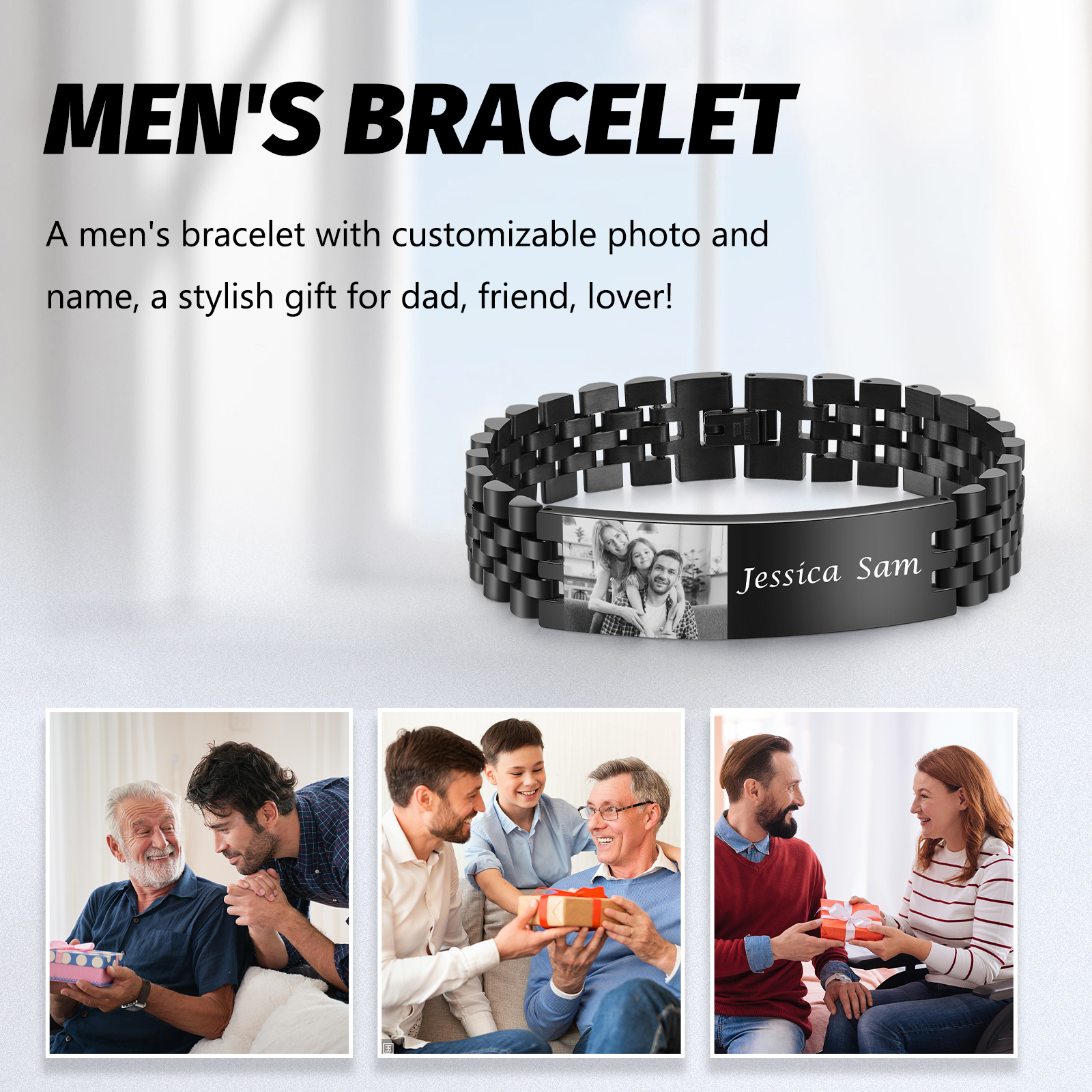 Pulsera de cadena personalizada con 2 nombres y 1 foto para hombre-Jessemade ES