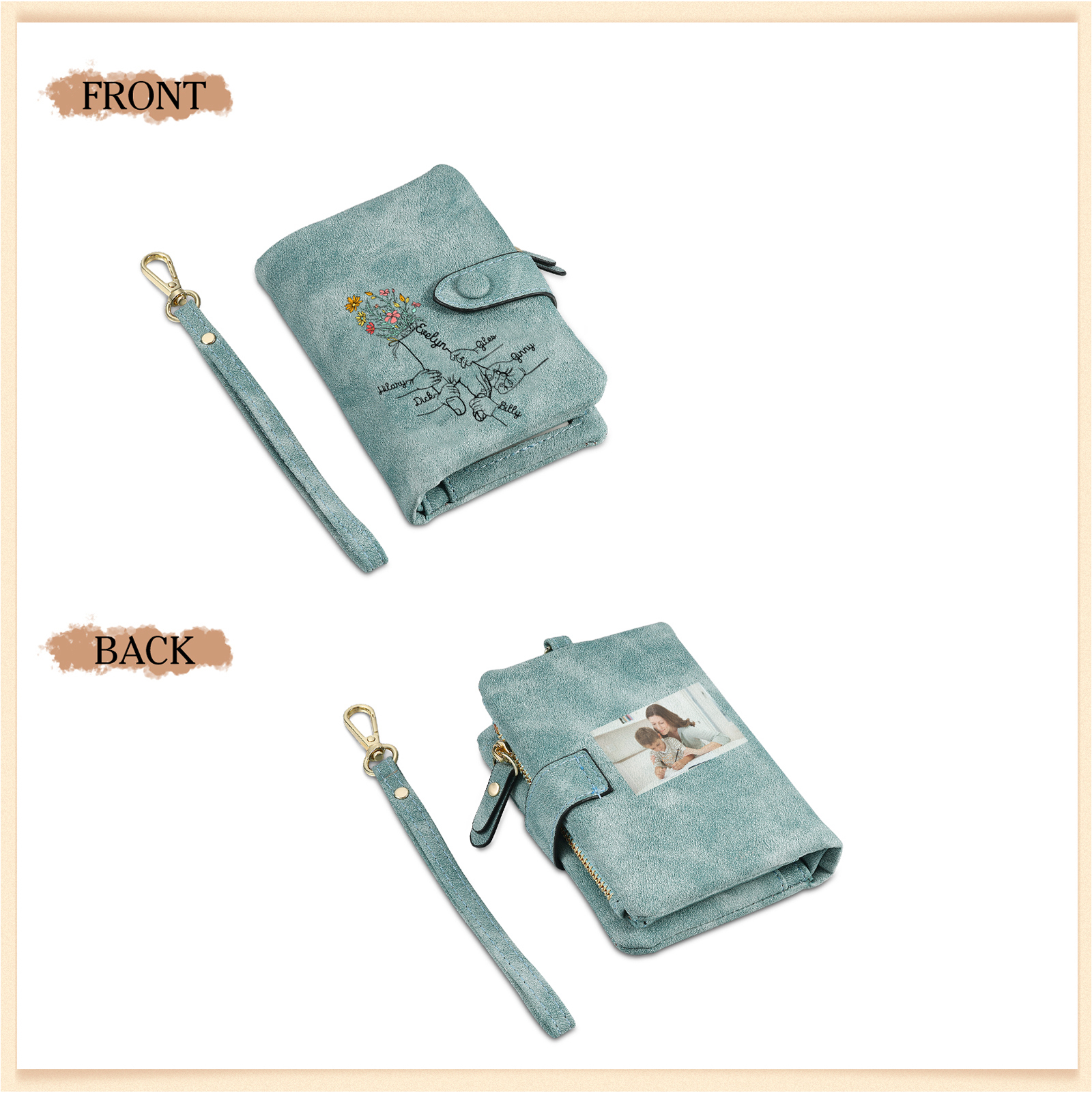 Cartera, billetera con 6 nombres y 1 foto personalizados mano con manito monedero clásico para mujer-Jessemade ES