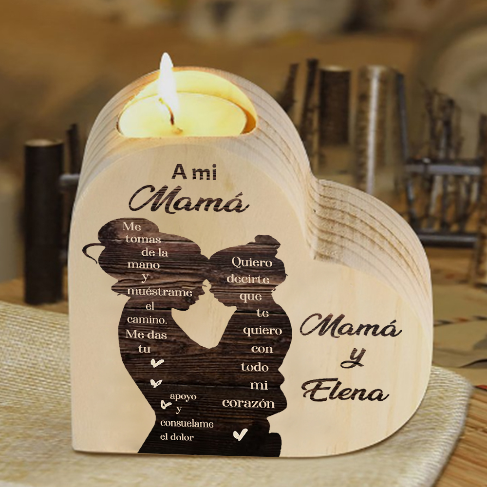 A mi mamá-Candelero con nombres personalizados en forma de corazón de madera sin candela-Jessemade ES