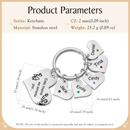 A mi mamá/abuela - Llavero con 5 nombres y piedras de nacimiento personalizados en corazones con texto-Jessemade ES