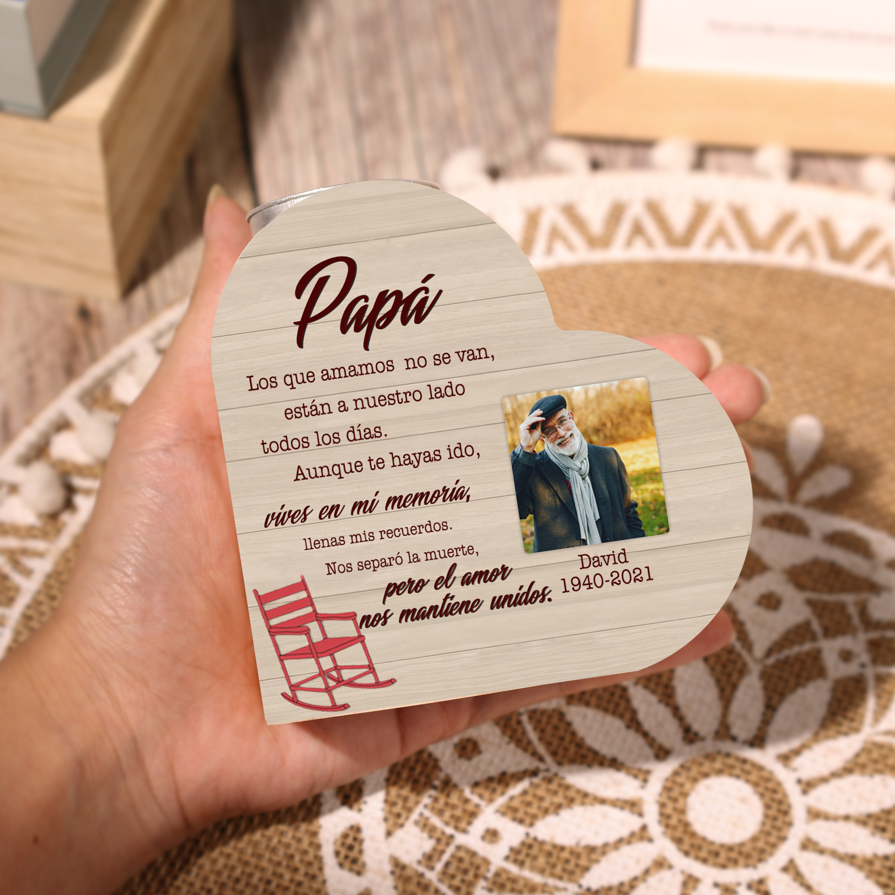 Candelero de corazón en memoria de papá personalizado con nombre, foto y texto de madera sin vela-Jessemade ES