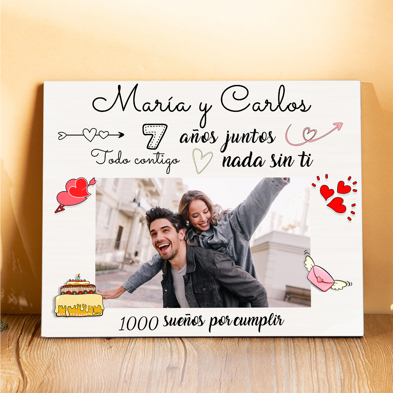 Lámina marco de madera para pareja 1 texto y 1 número personalizados con 1 foto-Jessemade ES