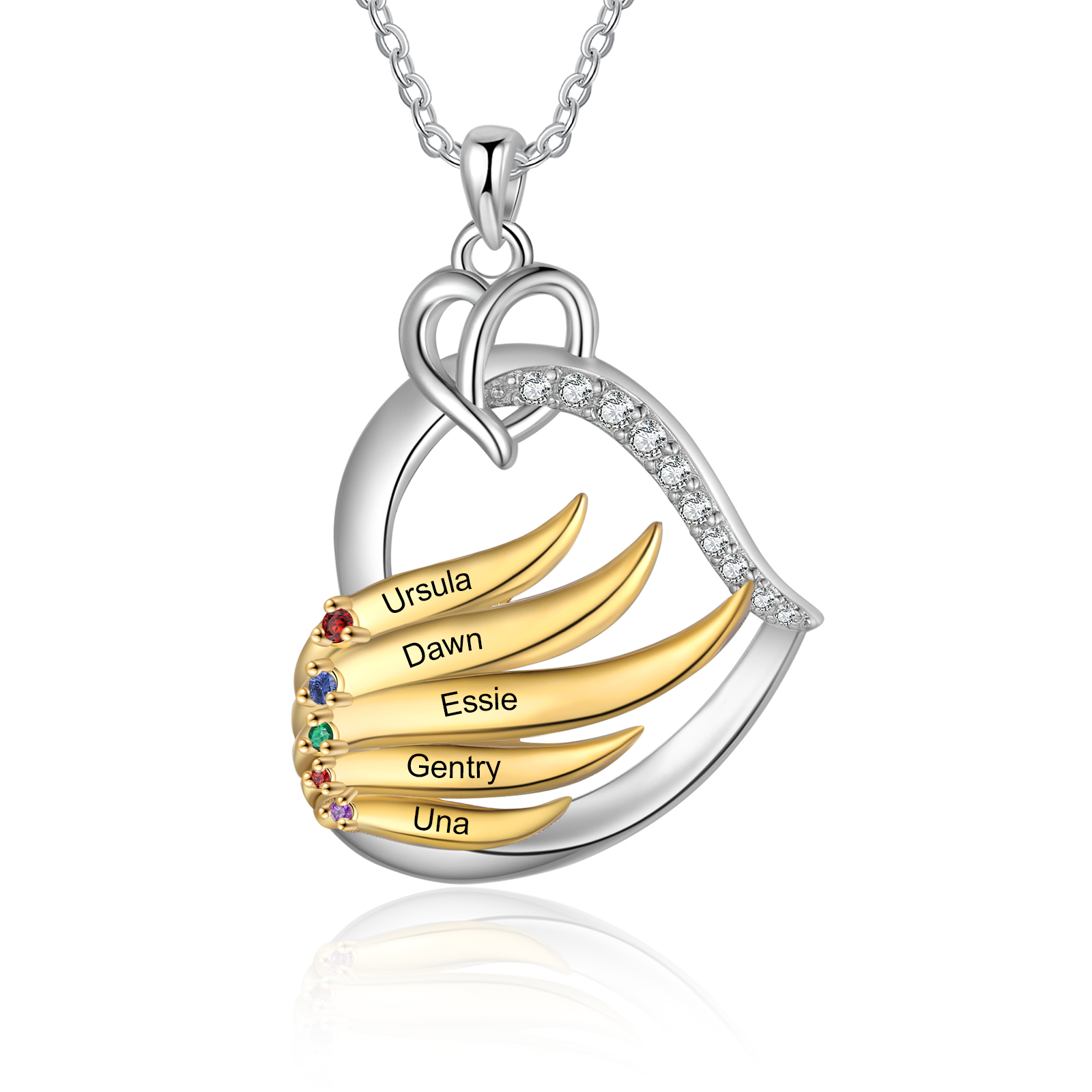 Collar en corazón con 2-5 nombres personalizados y 2-5 piedras de nacimiento-Jessemade ES