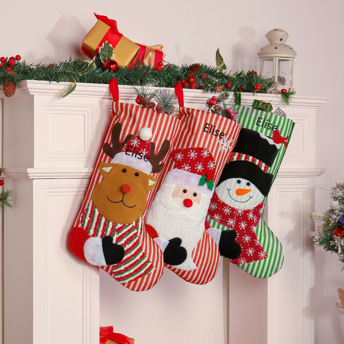 Adornos de medias navideñas con muñeco Bolsa de regalo 1 Nombre personalizado-Jessemade ES