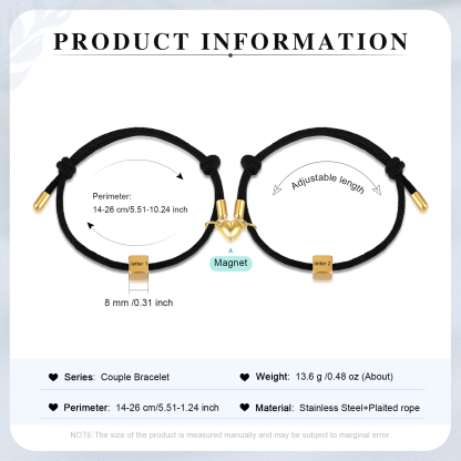 Pulseras de cuerda personalizadas para pareja con dije de corazón magnético grabado de dos letras-Jessemade ES