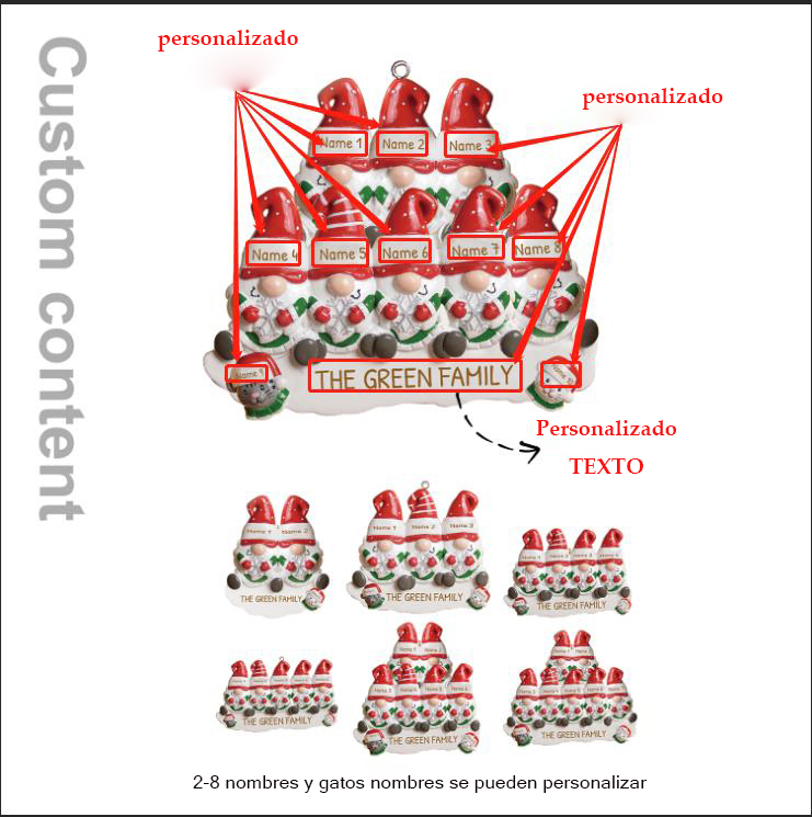 Navidad-Ornamento Navideño Familia de Cinco con Dos Gatos 7 Nombres con Texto Personalizados Adorno de Madera