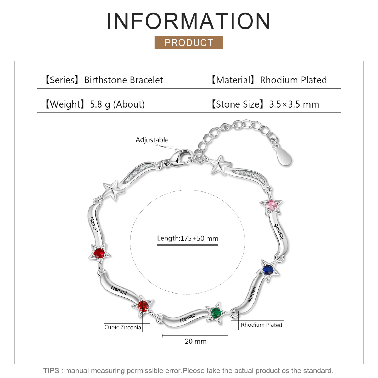 Pulsera Brazalete personalizada de 5 nombres y estrellas con 5 piedras de nacimiento-Jessemade ES