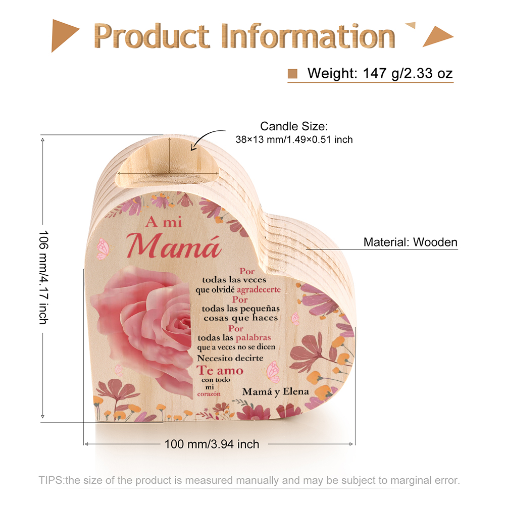 A mi mamá-Candelero con nombres personalizados en forma de corazón de madera sin candela-Jessemade ES
