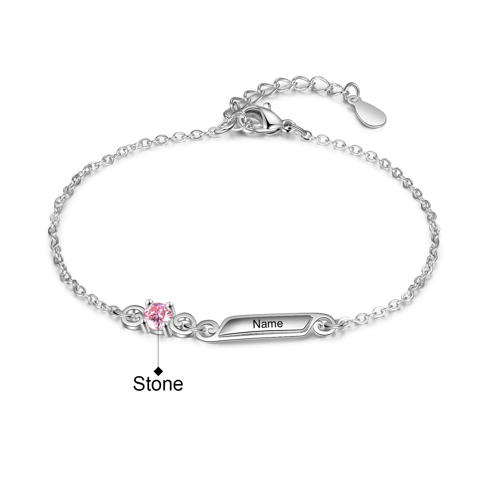 Pulsera de lazo y placita personalizada de 1 nombre con 1 piedra de nacimiento-Jessemade ES
