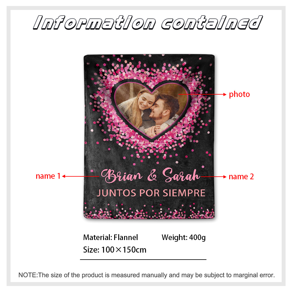 Pareja-Manta de buen calidad de corazones conectados personalizada con nombres y foto-Jessemade ES