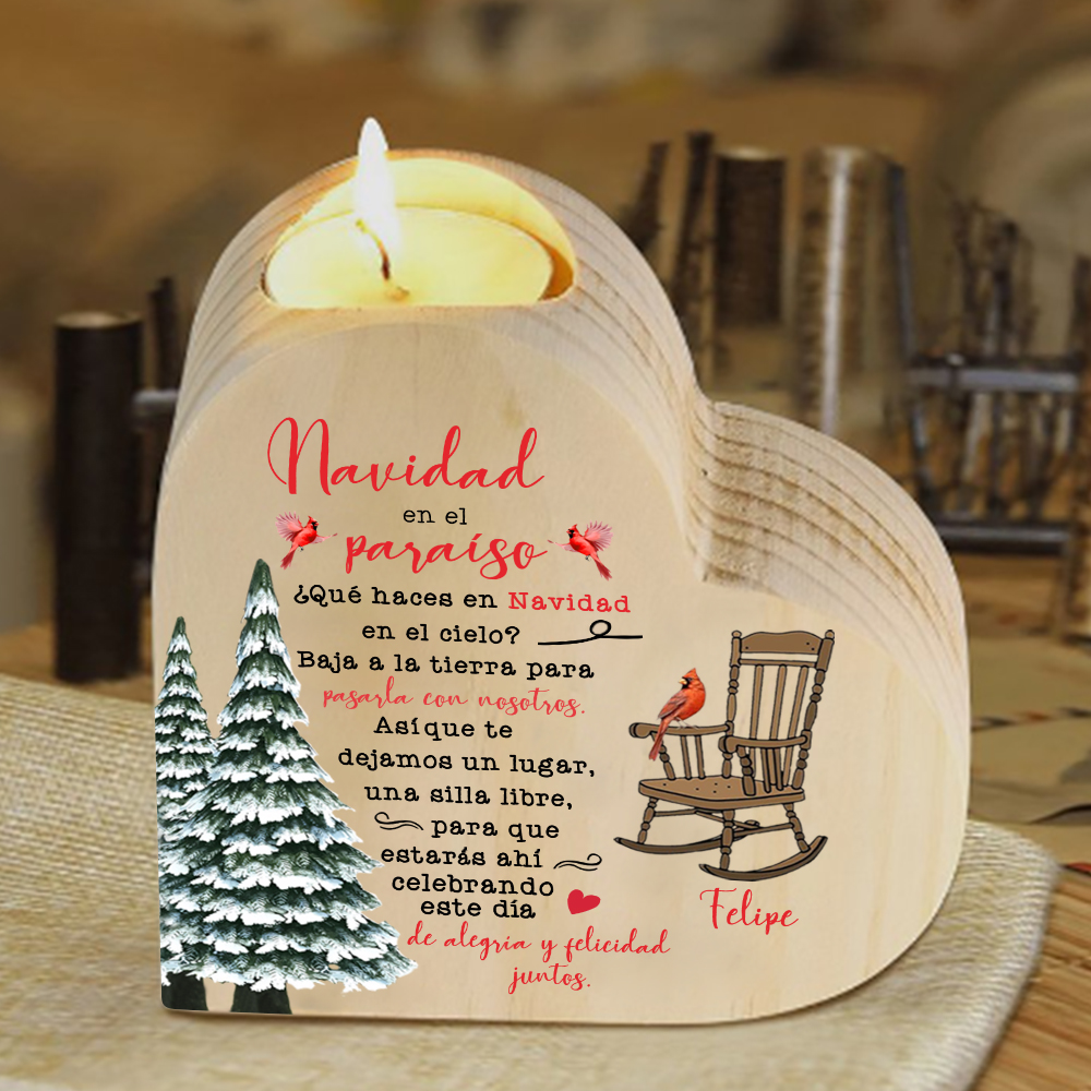 Navidad en el paraíso-Candelero de corazón en memoria de ser querido personalizado con nombre de madera sin vela-Jessemade ES
