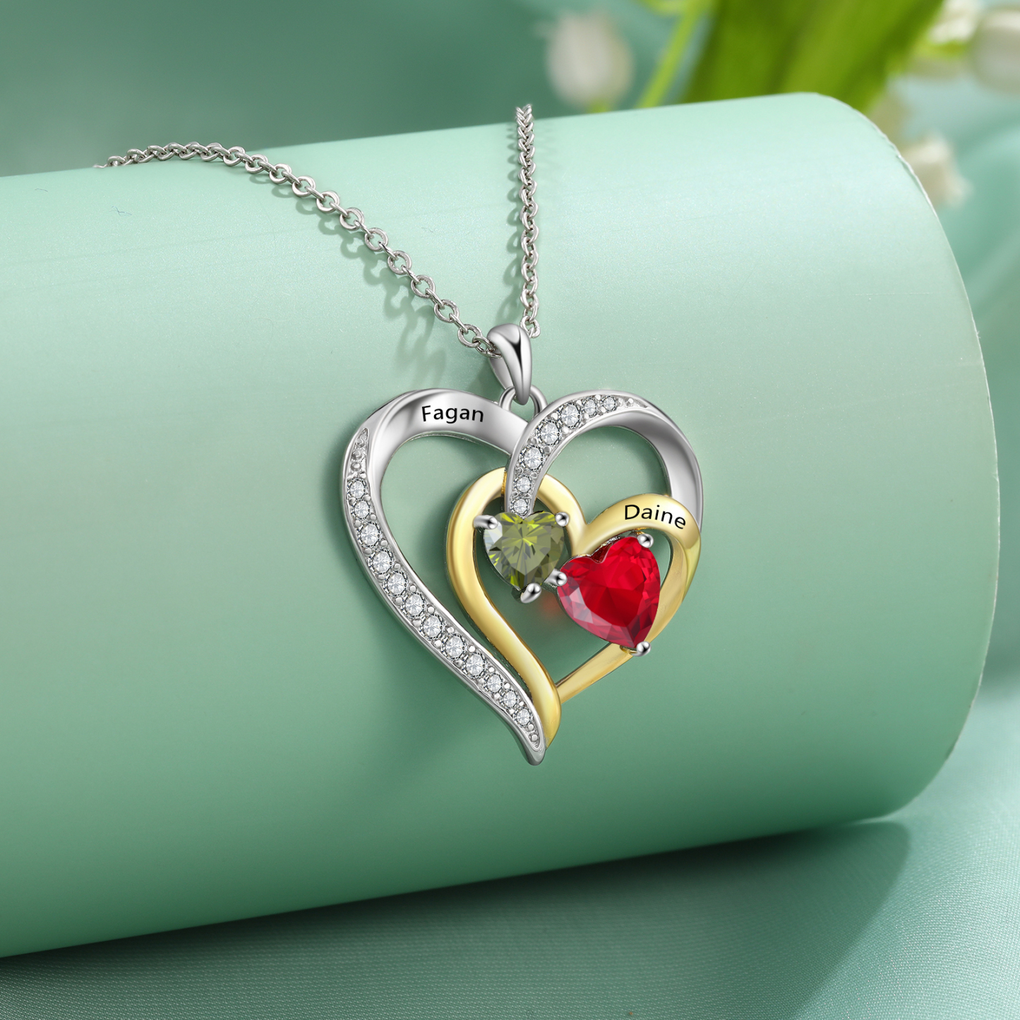 Collar corazón con 2 nombres y 2 piedras de nacimiento personalizados-Jessemade ES