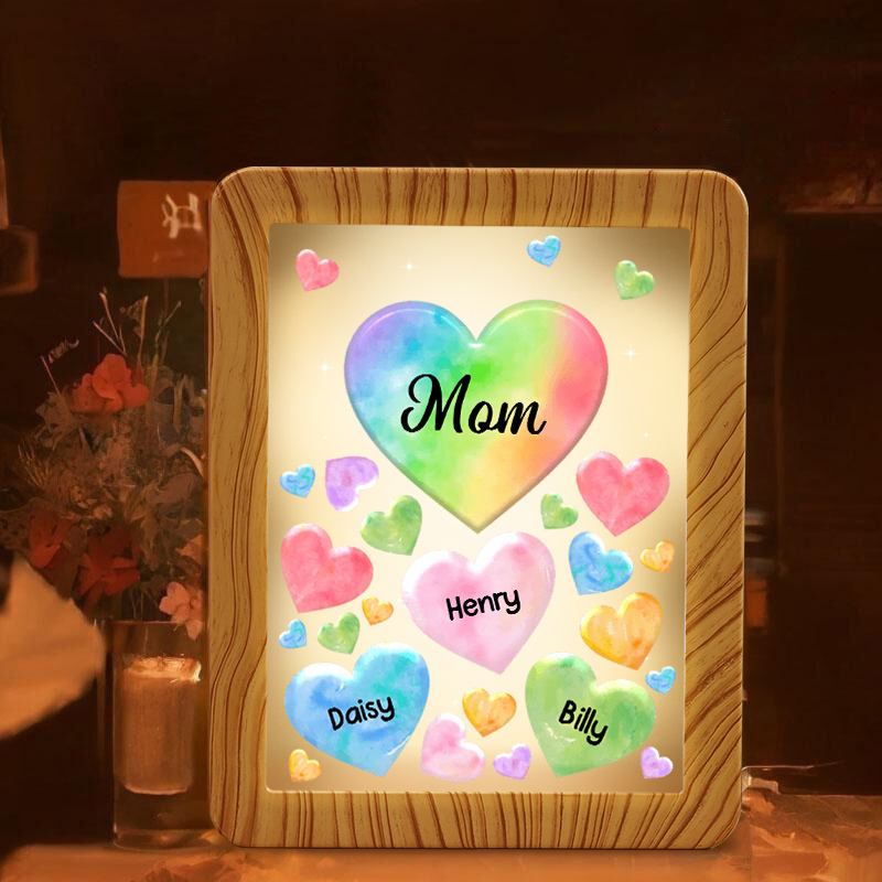 Marco/Espejo con LED Multifuncional Corazones 1-7 Nombres Personalizados con 1 Texto-Jessemade ES