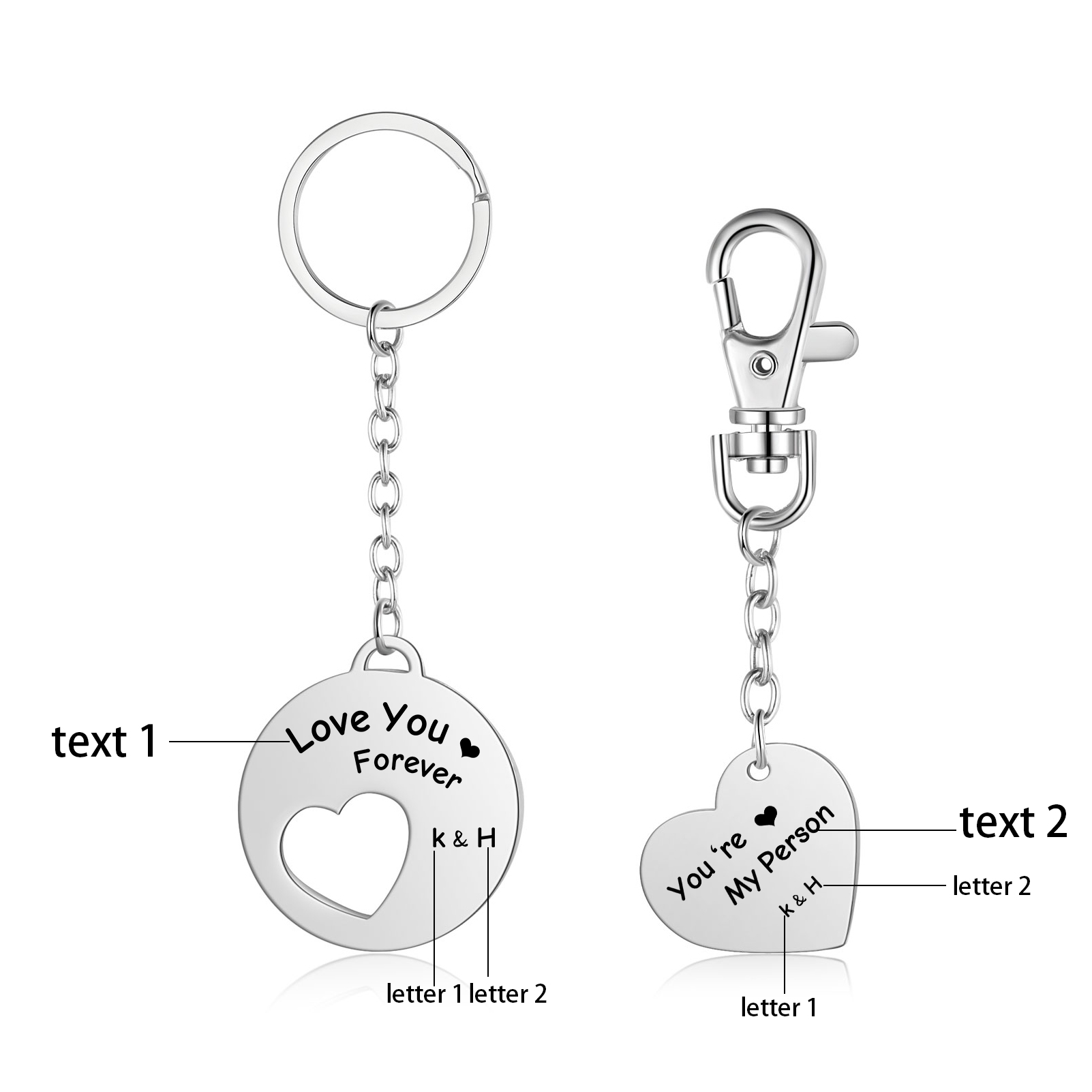 Llavero para pareja placa y corazón personalizado con 2 letras y 2 textos-Jessemade ES